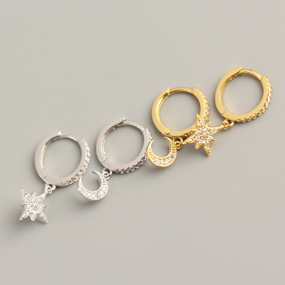European Light Luxury S925 Silver Asymmetrical Star and Moon Ear Cuffs Fashion Diamond-Set Star Moon Earrings - Image 2
