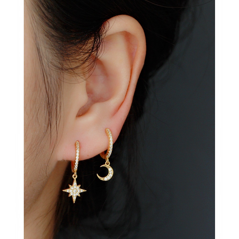 European Light Luxury S925 Silver Asymmetrical Star and Moon Ear Cuffs Fashion Diamond-Set Star Moon Earrings - Image 5