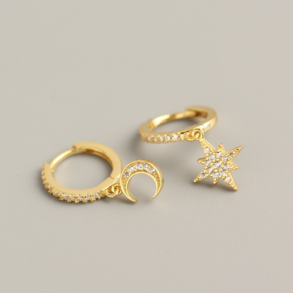 European Light Luxury S925 Silver Asymmetrical Star and Moon Ear Cuffs Fashion Diamond-Set Star Moon Earrings - Image 3
