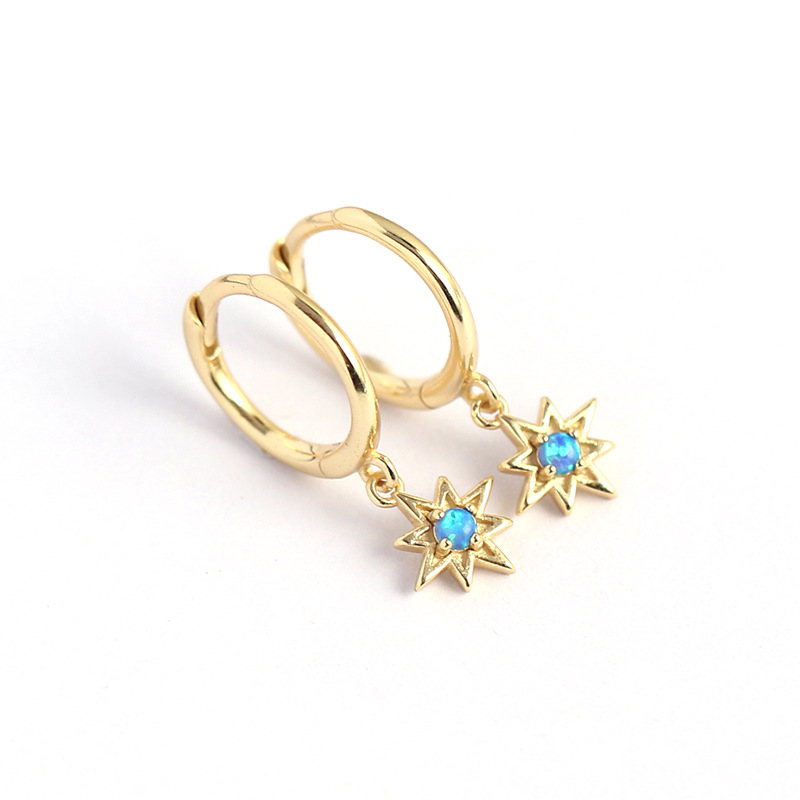 Light Luxury S925 Silver INS Style Octagonal Star Opal Earrings Hoop Earrings Fresh Ear Jewelry