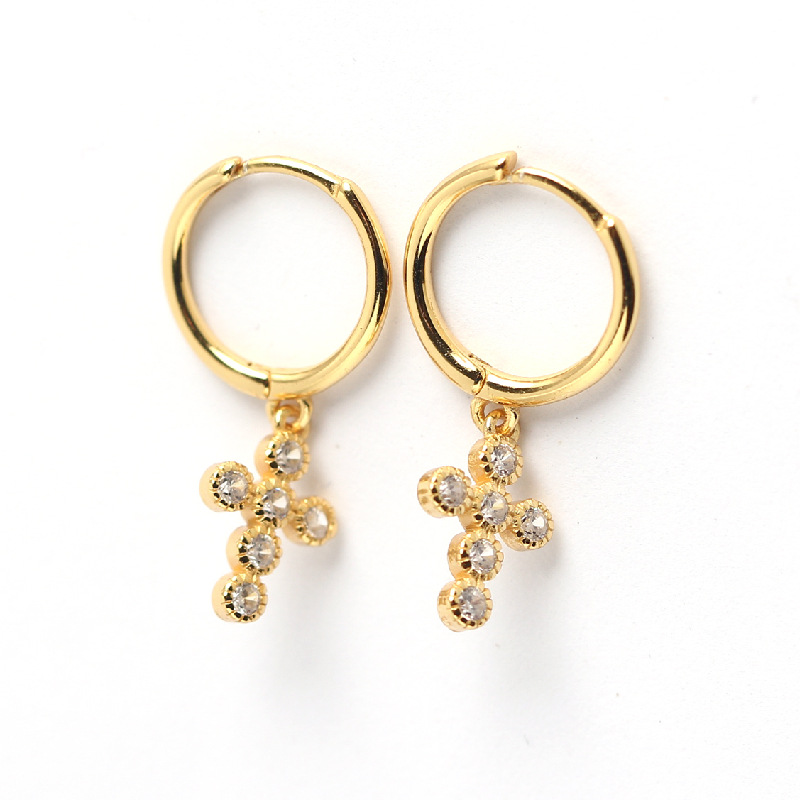 European Light Luxury S925 Silver Mini Cross Earrings Diamond-Set Hoop Ear Cuffs Silver Earrings for Women