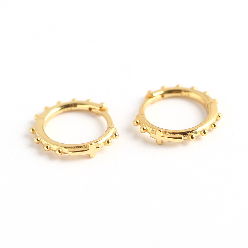 European Light Luxury S925 Silver INS Cross Earrings Silver Bead Hoop Ear Cuffs Versatile Silver Earrings