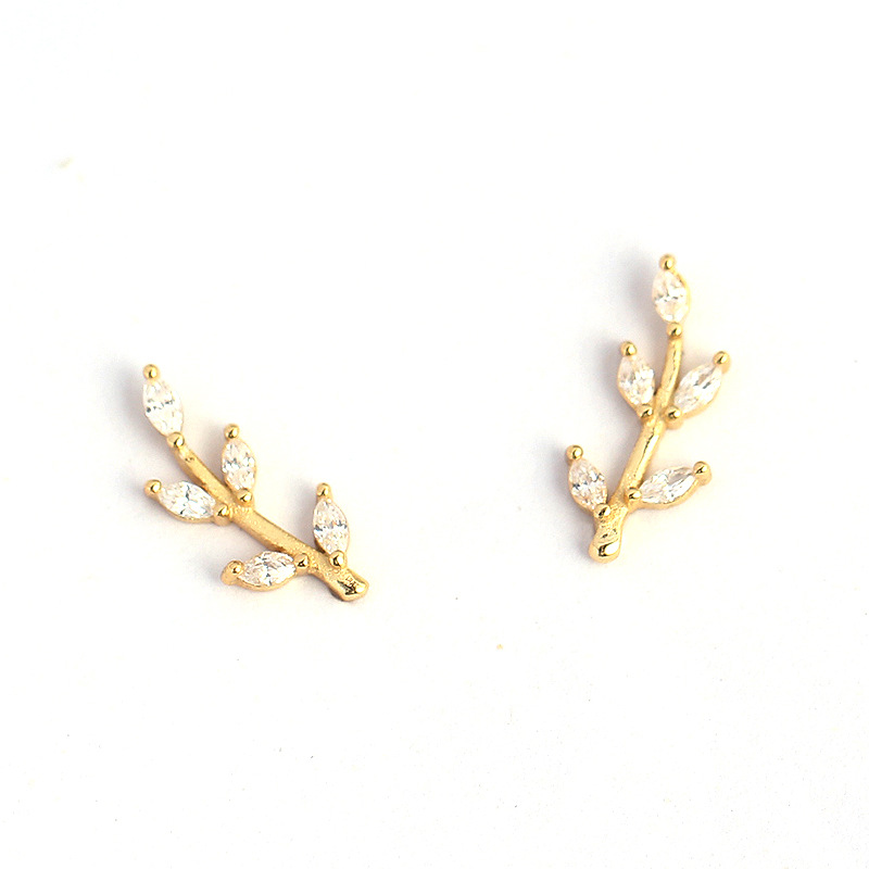 Korean Style S925 Silver Earrings Leaf Marquise Zircon Diamond-Set Silver Ear Cuffs Fresh Silver Studs for Women