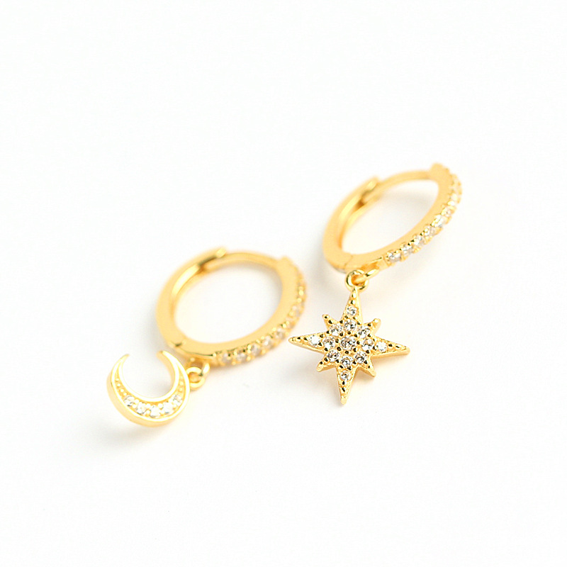 European Light Luxury S925 Silver Asymmetrical Star and Moon Ear Cuffs Fashion Diamond-Set Star Moon Earrings