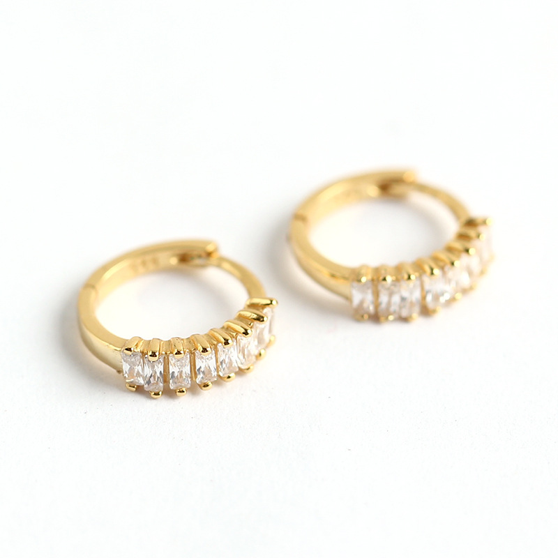 S925 Silver Diamond-Set Stud Earrings Inlaid Rectangular Zircon Ear Bone Cuffs Versatile Silver Earrings