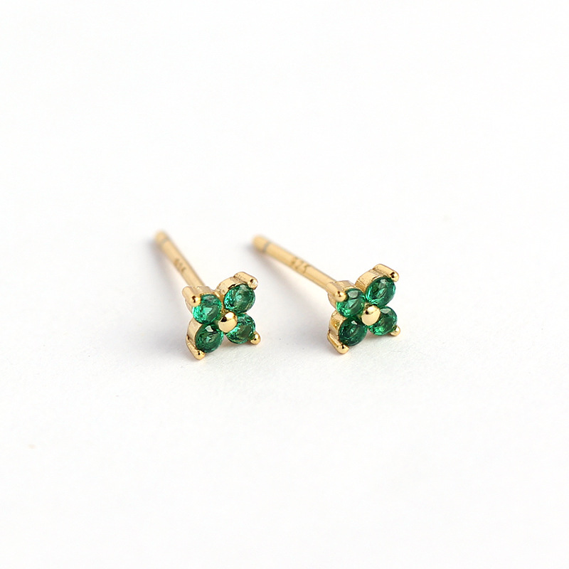 Simple Diamond-Set S925 Silver INS Four-Leaf Clover Stud Earrings Sweet Mini Colorful Flower Earrings