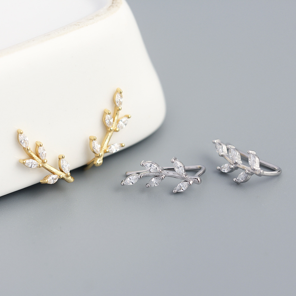 Korean Style S925 Silver Earrings Leaf Marquise Zircon Diamond-Set Silver Ear Cuffs Fresh Silver Studs for Women - Image 2