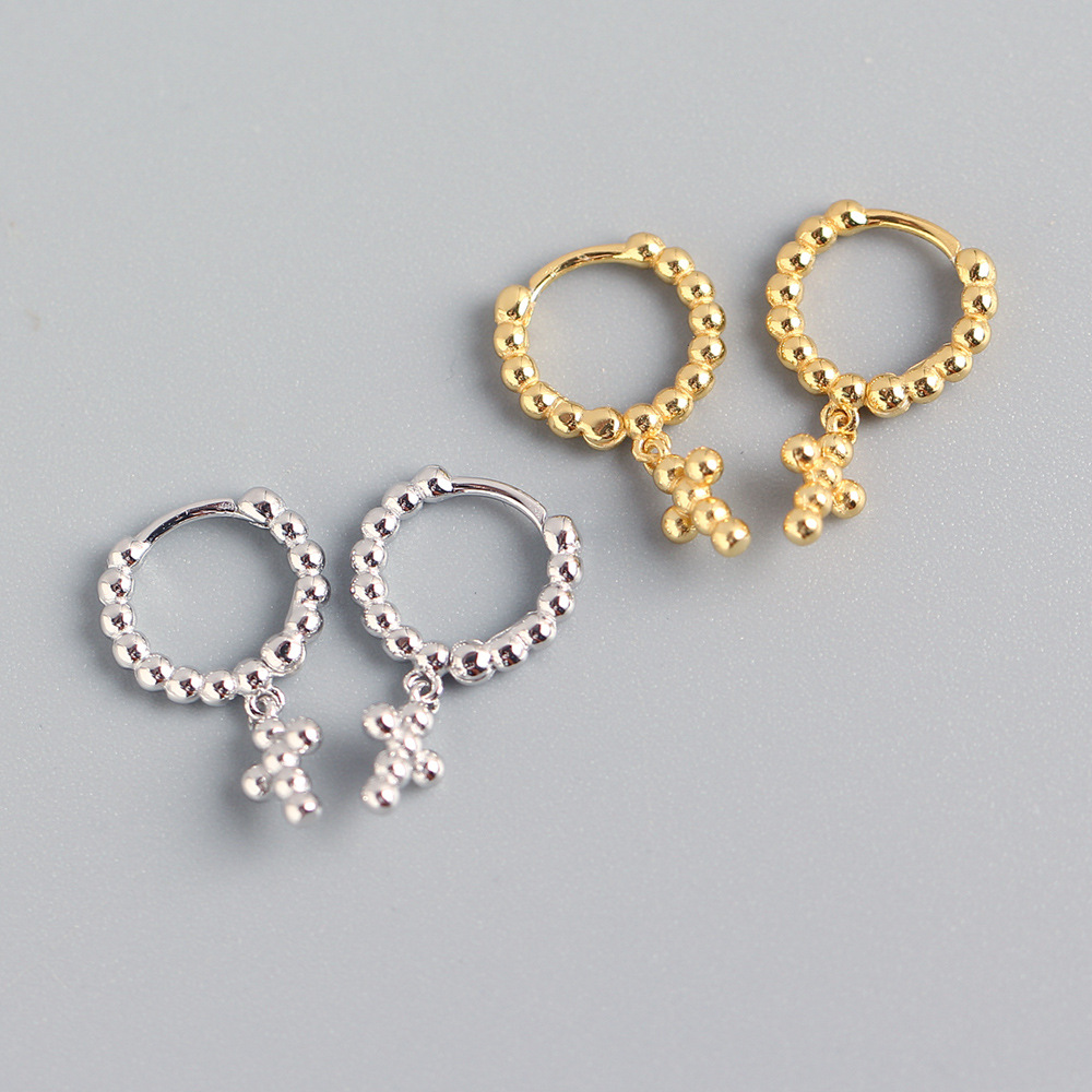 European Light Luxury S925 Silver INS Design Round Bead Stud Earrings Cross-Bone Ear Cuffs Silver Studs for Women - Image 2