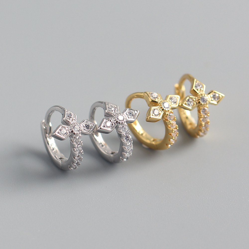 Korean S925 Silver INS Cross Earrings Diamond-Set Light Luxury Ear Cuffs Stud Earrings for Women - Image 2