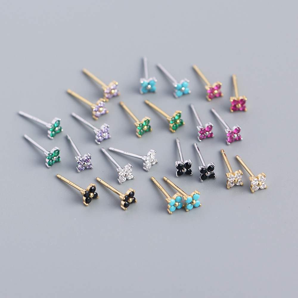 Simple Diamond-Set S925 Silver INS Four-Leaf Clover Stud Earrings Sweet Mini Colorful Flower Earrings - Image 2