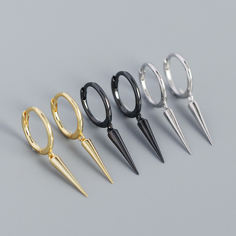 European Silver Earrings S925 Silver Long Rivet Cone Hoop Earrings Ear Cuffs - Image 2