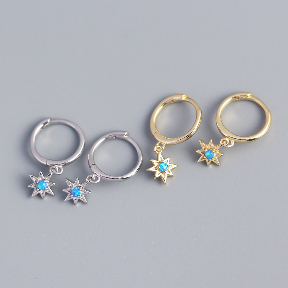 Light Luxury S925 Silver INS Style Octagonal Star Opal Earrings Hoop Earrings Fresh Ear Jewelry - Image 2