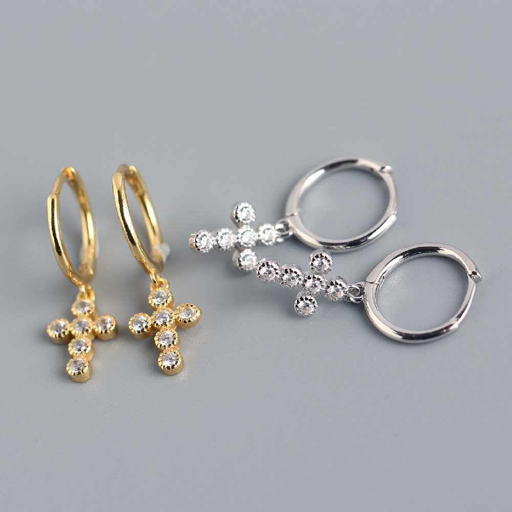 European Light Luxury S925 Silver Mini Cross Earrings Diamond-Set Hoop Ear Cuffs Silver Earrings for Women - Image 2