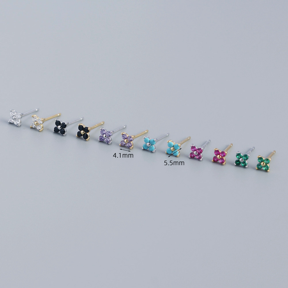 Simple Diamond-Set S925 Silver INS Four-Leaf Clover Stud Earrings Sweet Mini Colorful Flower Earrings - Image 3