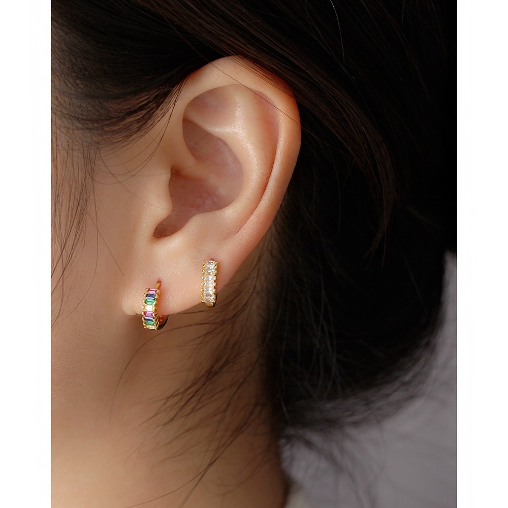 S925 Silver Diamond-Set Stud Earrings Inlaid Rectangular Zircon Ear Bone Cuffs Versatile Silver Earrings - Image 7