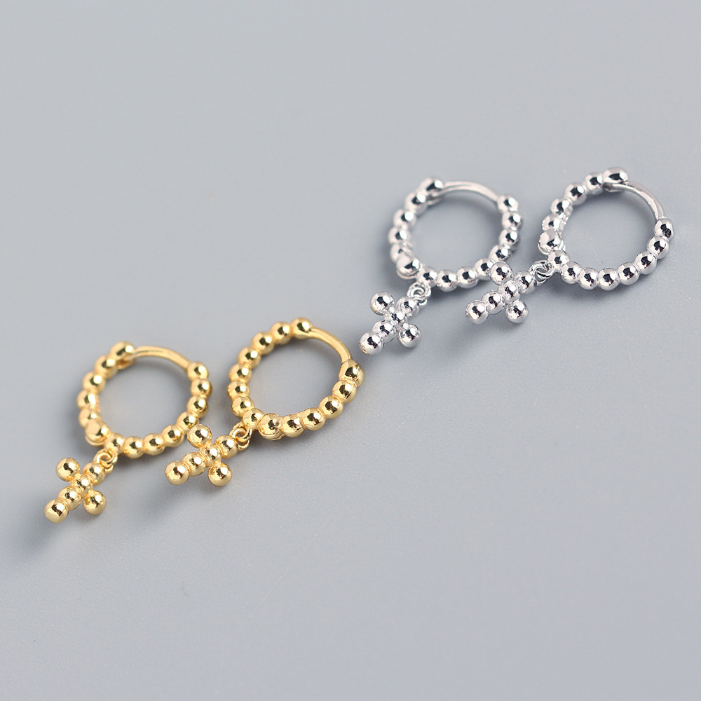 European Light Luxury S925 Silver INS Design Round Bead Stud Earrings Cross-Bone Ear Cuffs Silver Studs for Women - Image 3
