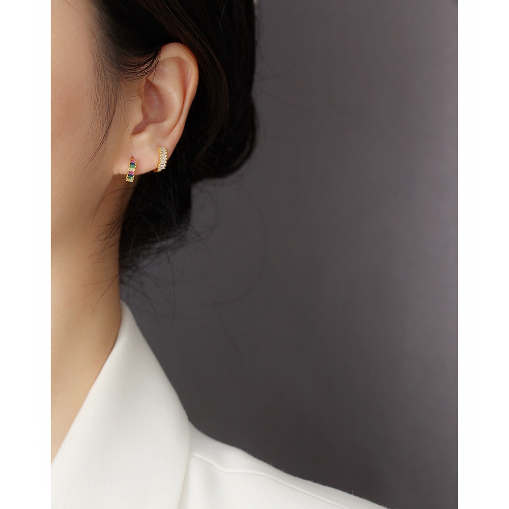 S925 Silver Diamond-Set Stud Earrings Inlaid Rectangular Zircon Ear Bone Cuffs Versatile Silver Earrings - Image 6