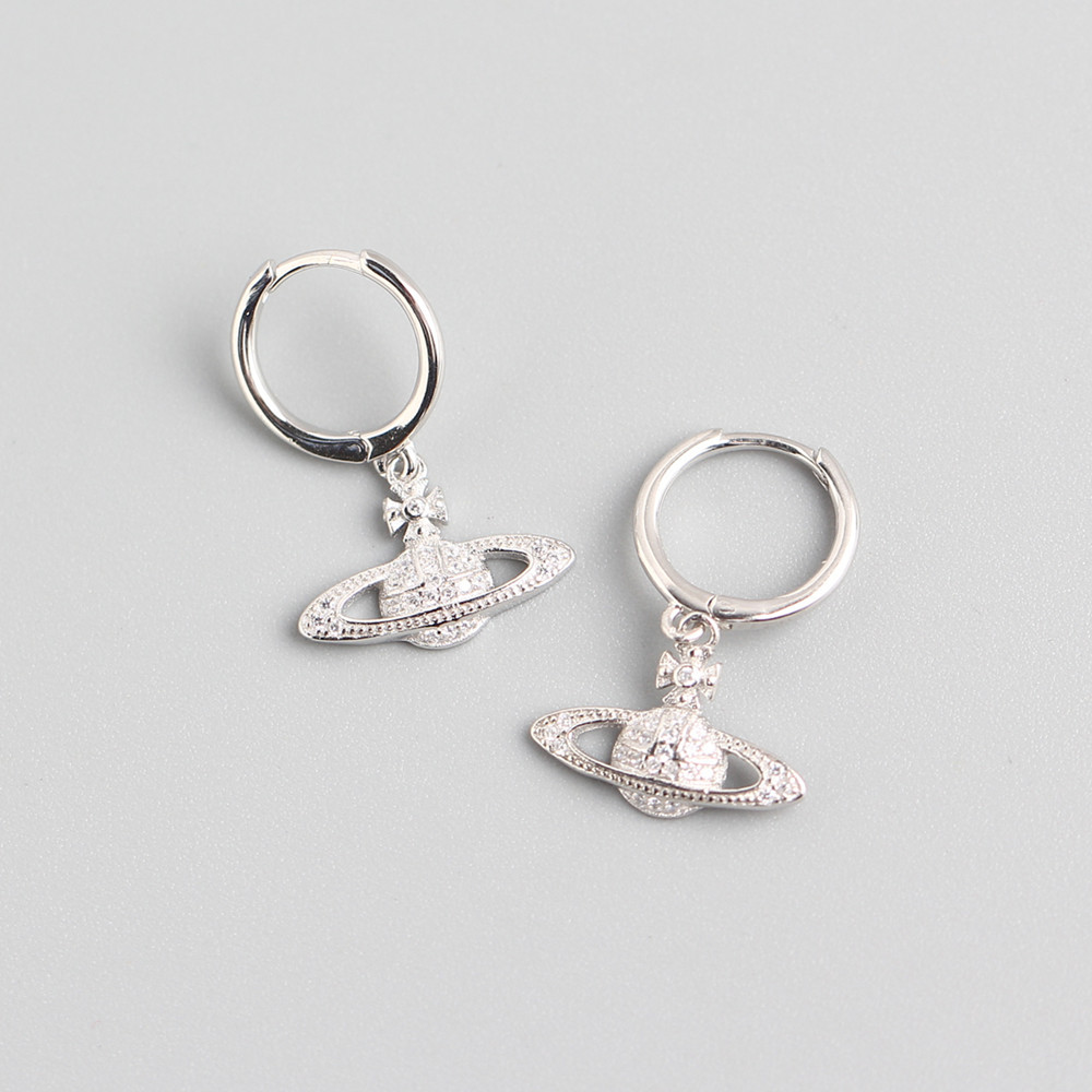 European Light Luxury Planet Silver Ear Cuffs S925 Silver INS Style Saturn Satellite Diamond-Set Earrings - Image 3