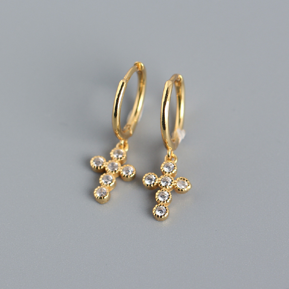 European Light Luxury S925 Silver Mini Cross Earrings Diamond-Set Hoop Ear Cuffs Silver Earrings for Women - Image 3