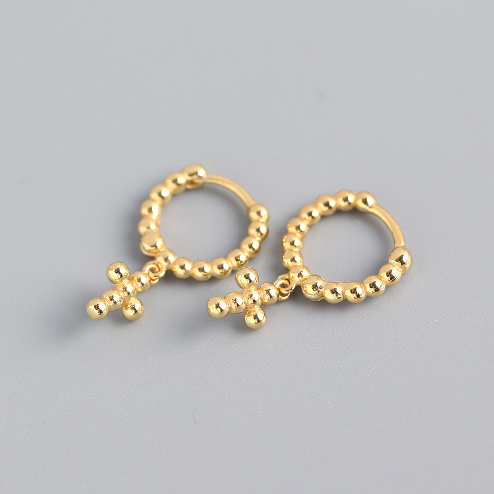 European Light Luxury S925 Silver INS Design Round Bead Stud Earrings Cross-Bone Ear Cuffs Silver Studs for Women - Image 4