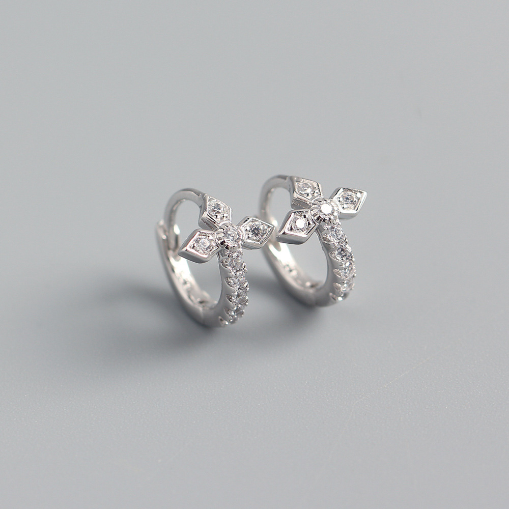 Korean S925 Silver INS Cross Earrings Diamond-Set Light Luxury Ear Cuffs Stud Earrings for Women - Image 4