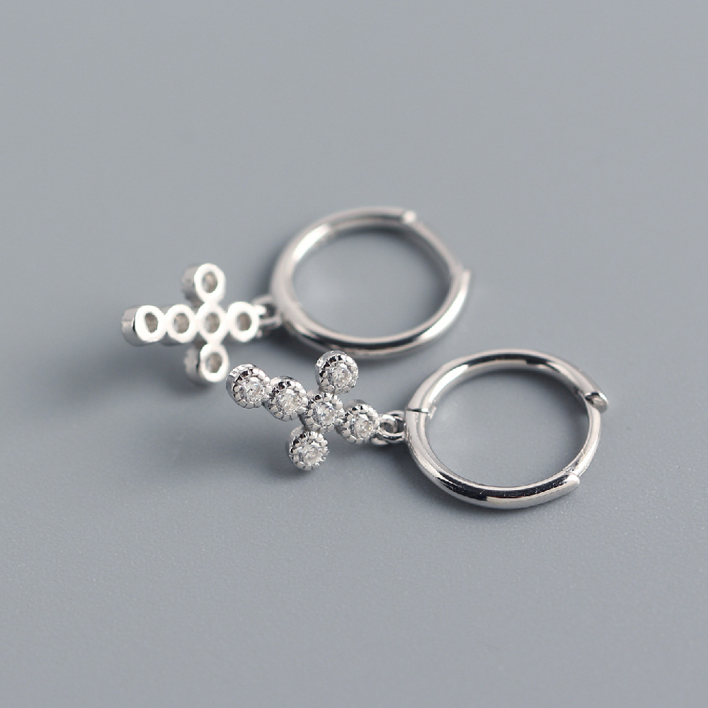 European Light Luxury S925 Silver Mini Cross Earrings Diamond-Set Hoop Ear Cuffs Silver Earrings for Women - Image 4