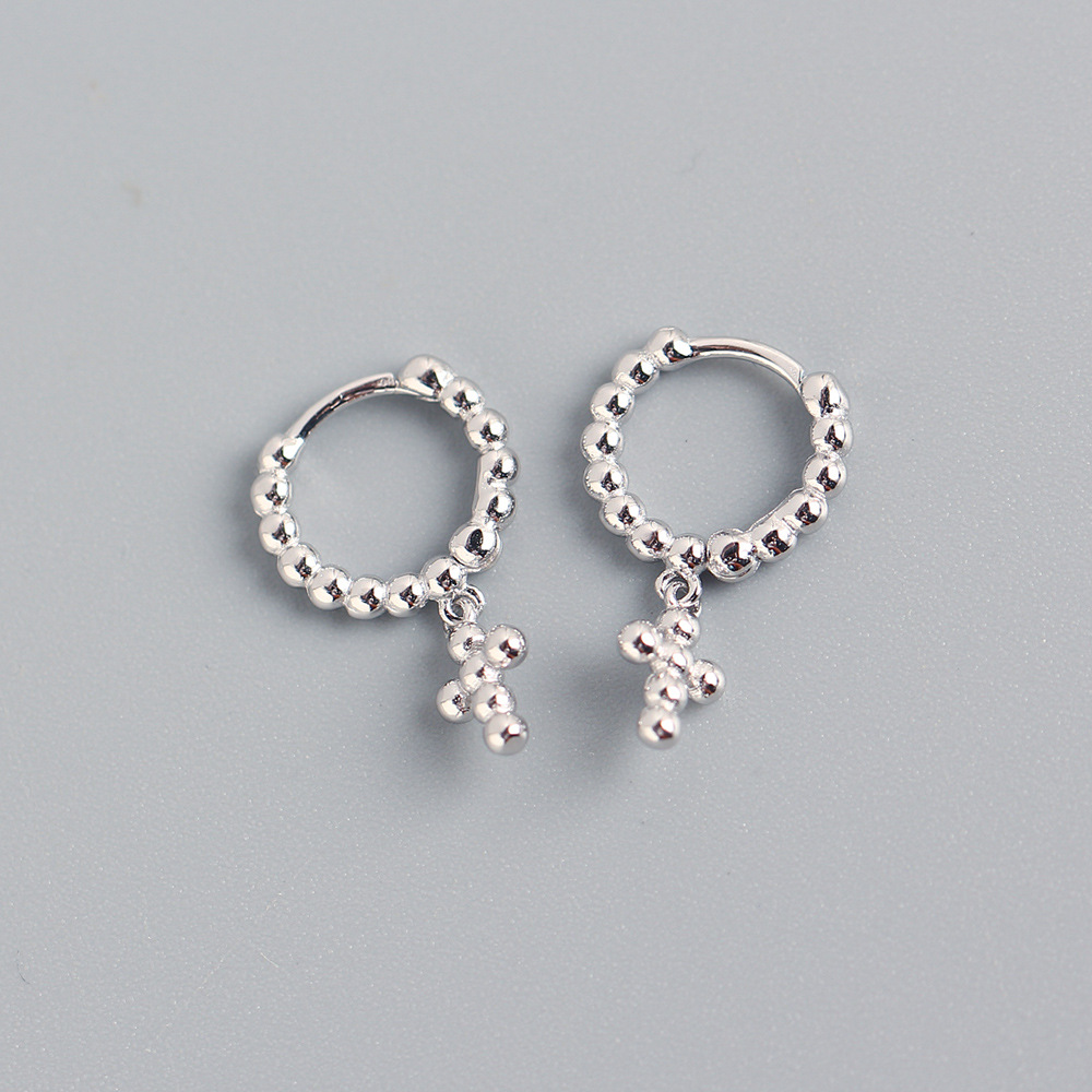 European Light Luxury S925 Silver INS Design Round Bead Stud Earrings Cross-Bone Ear Cuffs Silver Studs for Women - Image 5
