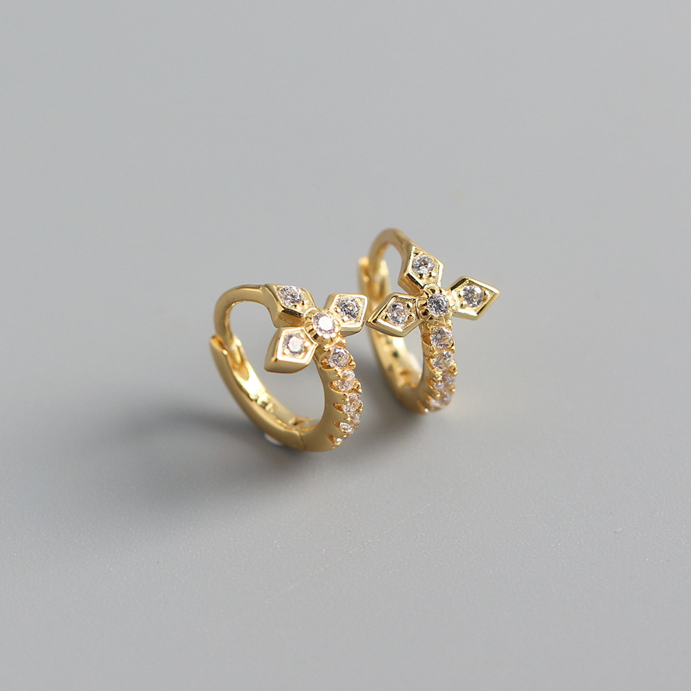 Korean S925 Silver INS Cross Earrings Diamond-Set Light Luxury Ear Cuffs Stud Earrings for Women - Image 5