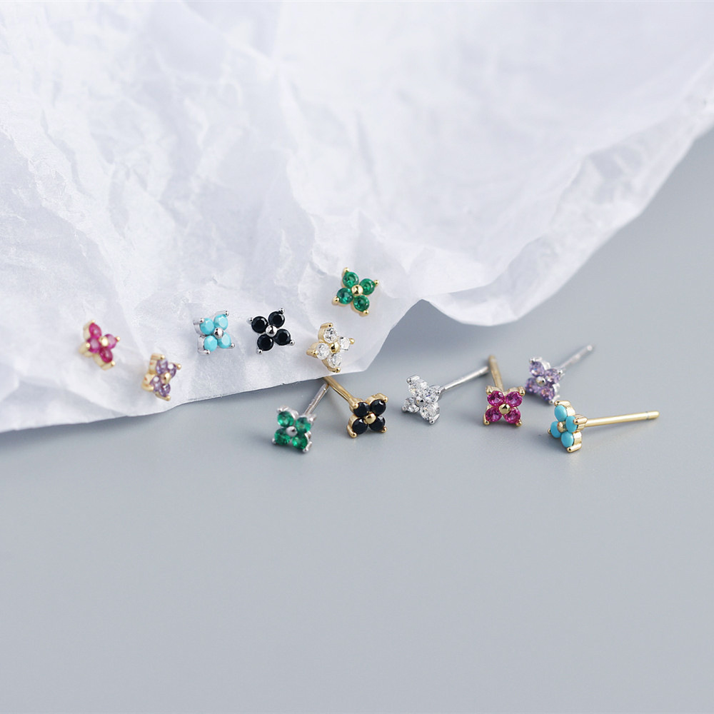 Simple Diamond-Set S925 Silver INS Four-Leaf Clover Stud Earrings Sweet Mini Colorful Flower Earrings - Image 4
