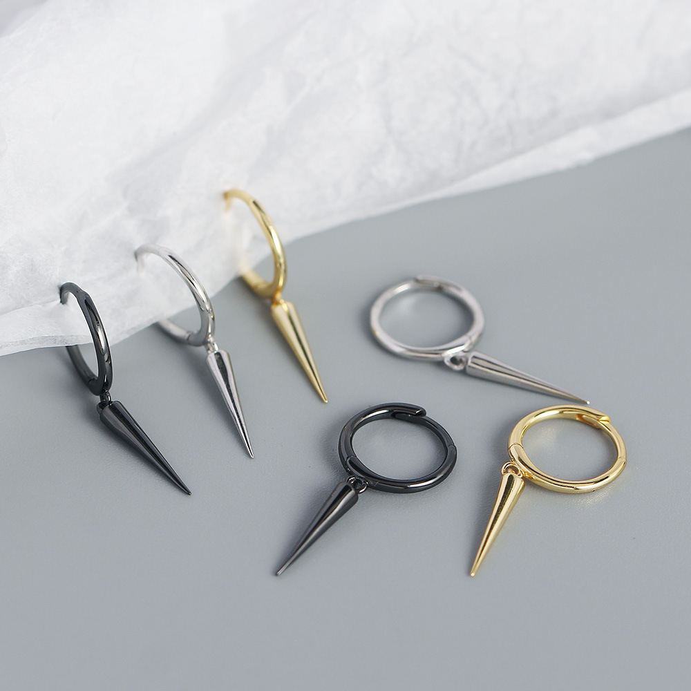 European Silver Earrings S925 Silver Long Rivet Cone Hoop Earrings Ear Cuffs - Image 5