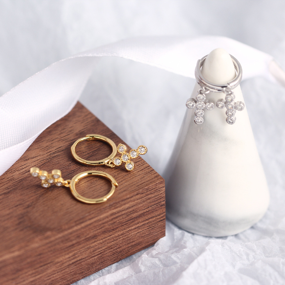 European Light Luxury S925 Silver Mini Cross Earrings Diamond-Set Hoop Ear Cuffs Silver Earrings for Women - Image 6