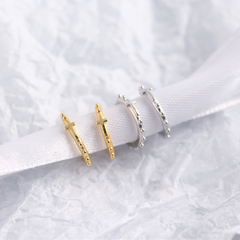 European Light Luxury S925 Silver INS Cross Earrings Silver Bead Hoop Ear Cuffs Versatile Silver Earrings - Image 7