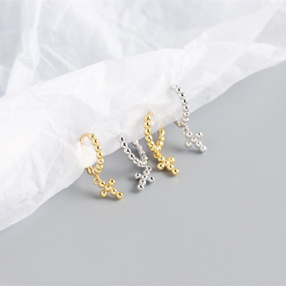 European Light Luxury S925 Silver INS Design Round Bead Stud Earrings Cross-Bone Ear Cuffs Silver Studs for Women - Image 7