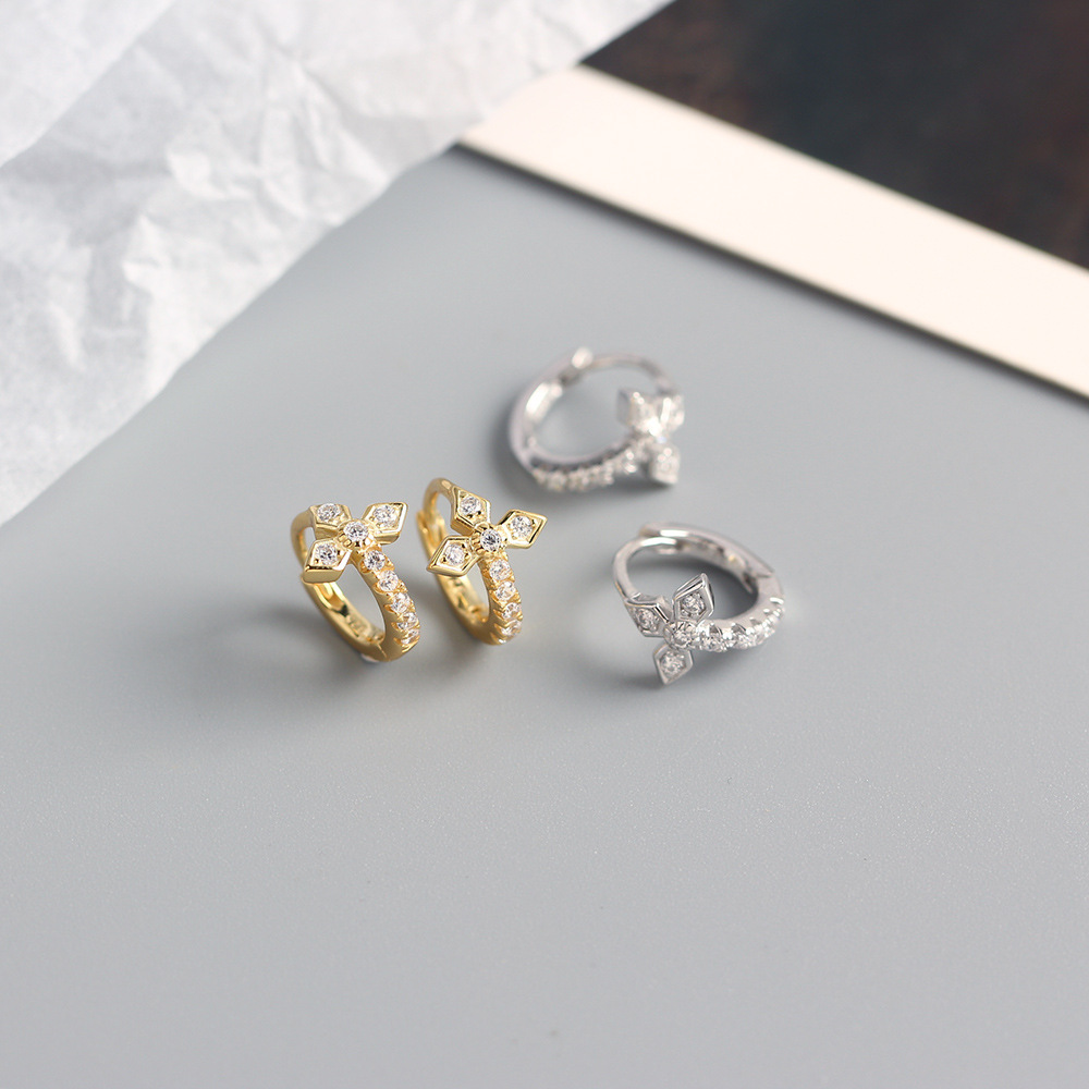 Korean S925 Silver INS Cross Earrings Diamond-Set Light Luxury Ear Cuffs Stud Earrings for Women - Image 7