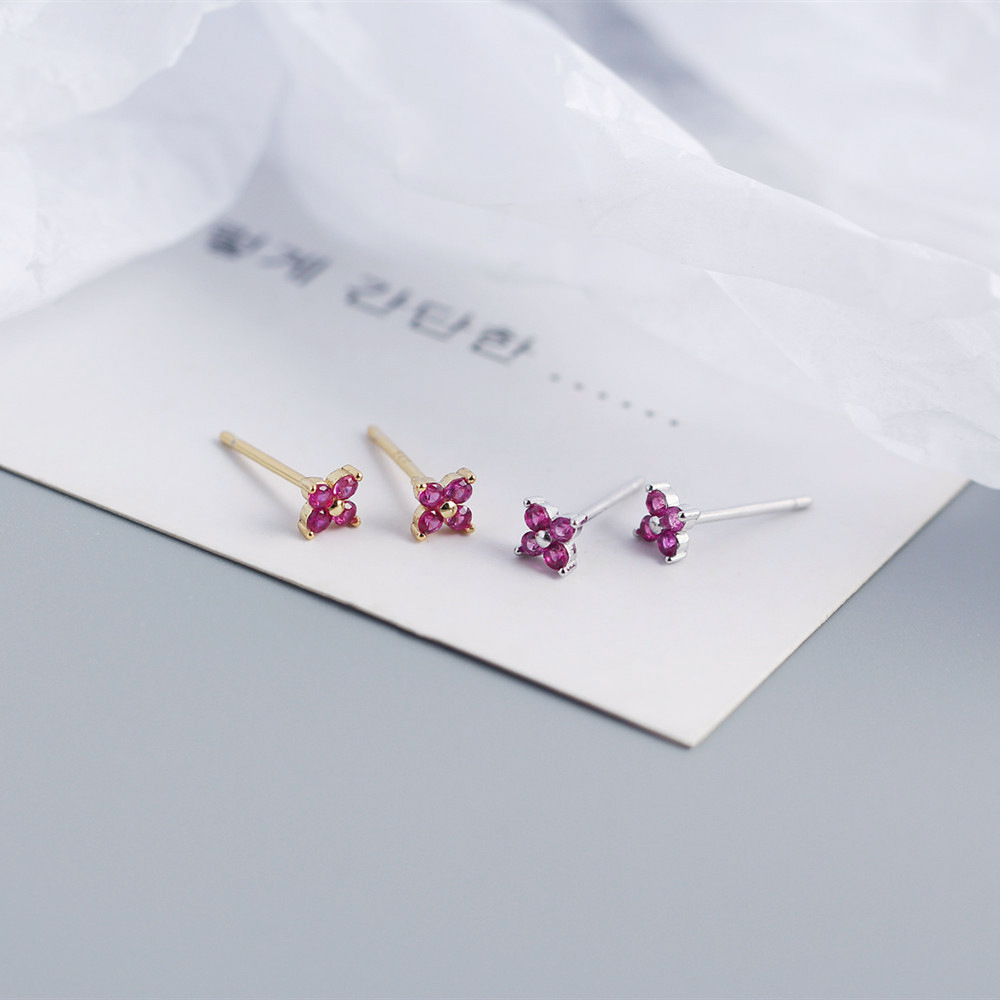 Simple Diamond-Set S925 Silver INS Four-Leaf Clover Stud Earrings Sweet Mini Colorful Flower Earrings - Image 5