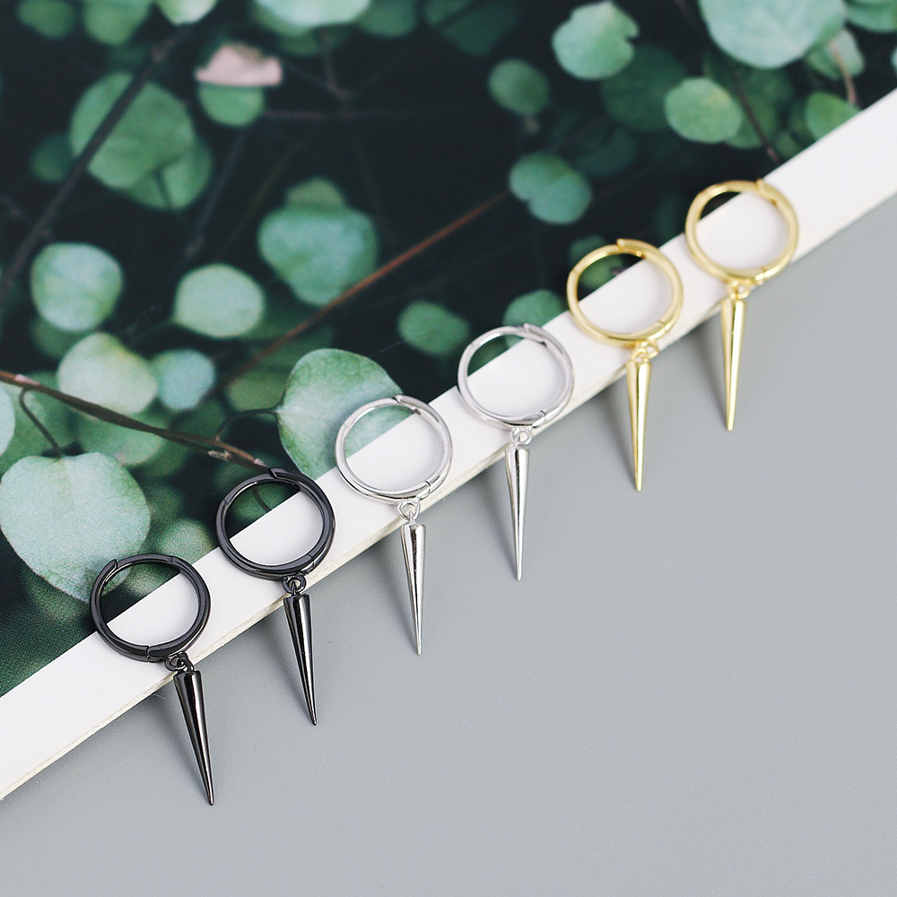 European Silver Earrings S925 Silver Long Rivet Cone Hoop Earrings Ear Cuffs - Image 6