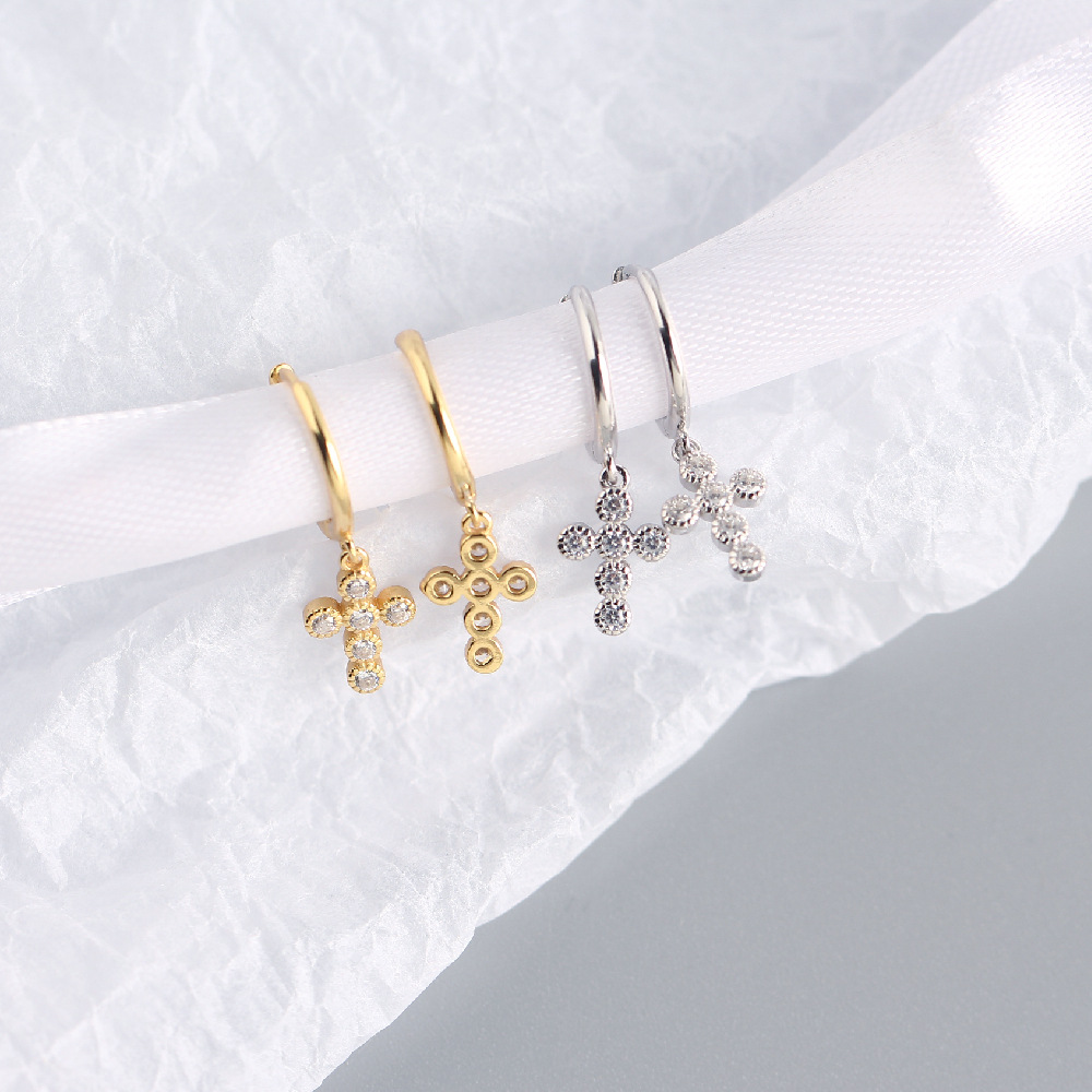 European Light Luxury S925 Silver Mini Cross Earrings Diamond-Set Hoop Ear Cuffs Silver Earrings for Women - Image 7