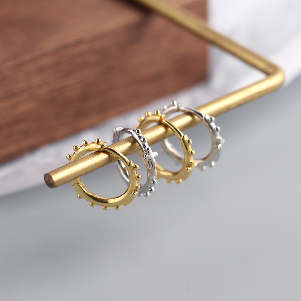 European Light Luxury S925 Silver INS Cross Earrings Silver Bead Hoop Ear Cuffs Versatile Silver Earrings - Image 8