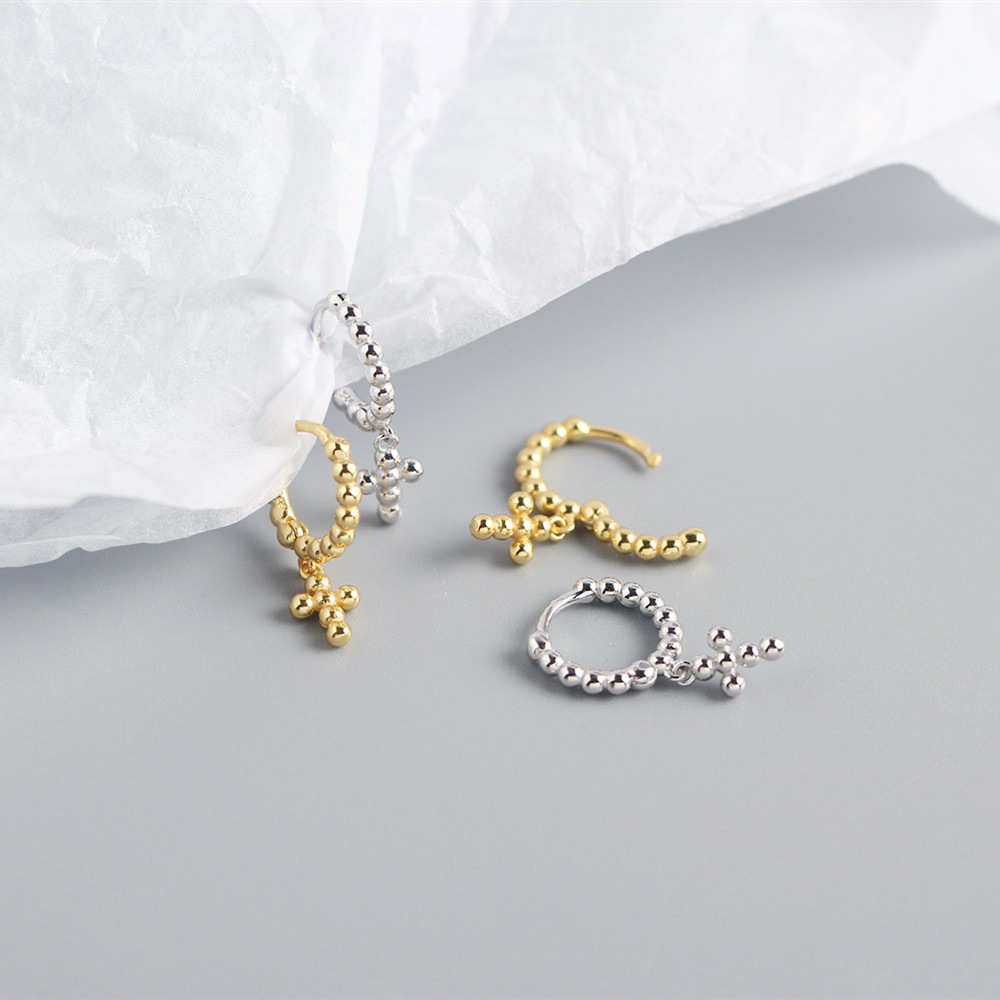 European Light Luxury S925 Silver INS Design Round Bead Stud Earrings Cross-Bone Ear Cuffs Silver Studs for Women - Image 8