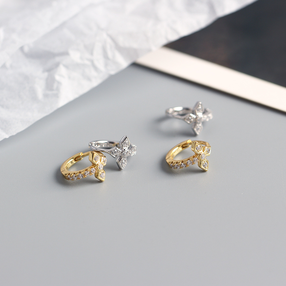 Korean S925 Silver INS Cross Earrings Diamond-Set Light Luxury Ear Cuffs Stud Earrings for Women - Image 8