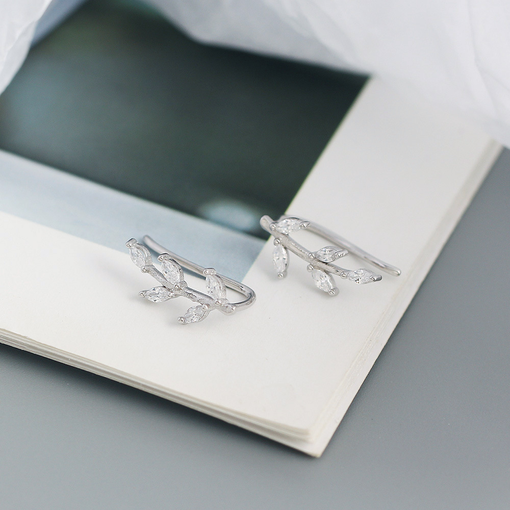 Korean Style S925 Silver Earrings Leaf Marquise Zircon Diamond-Set Silver Ear Cuffs Fresh Silver Studs for Women - Image 9