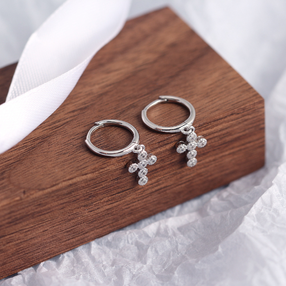 European Light Luxury S925 Silver Mini Cross Earrings Diamond-Set Hoop Ear Cuffs Silver Earrings for Women - Image 8