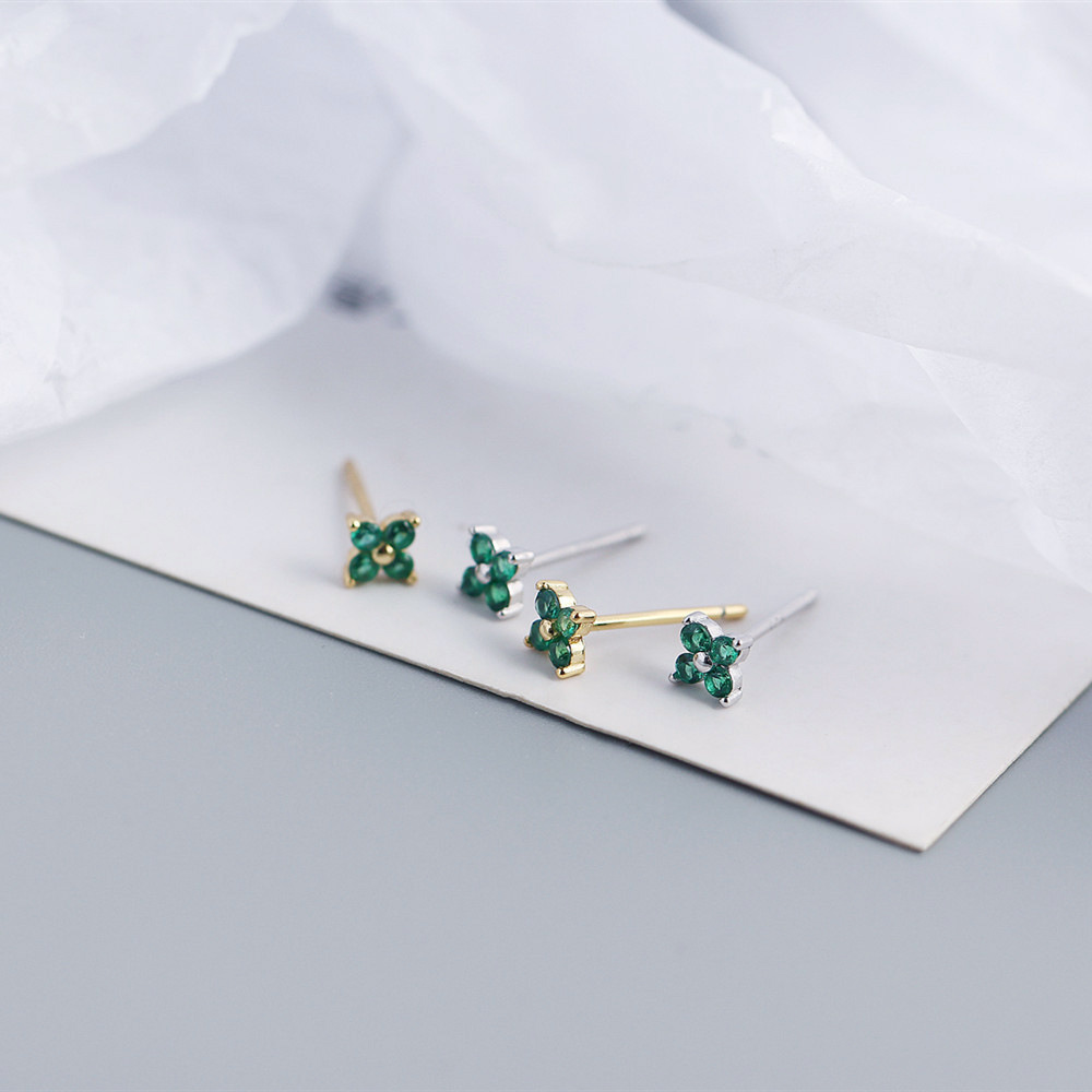 Simple Diamond-Set S925 Silver INS Four-Leaf Clover Stud Earrings Sweet Mini Colorful Flower Earrings - Image 8