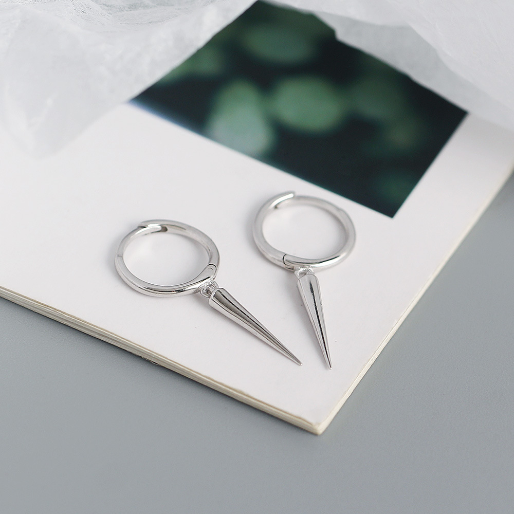 European Silver Earrings S925 Silver Long Rivet Cone Hoop Earrings Ear Cuffs - Image 9