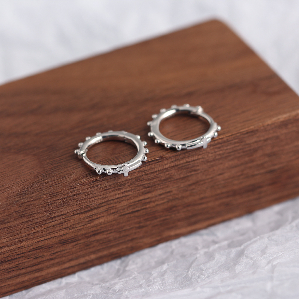 European Light Luxury S925 Silver INS Cross Earrings Silver Bead Hoop Ear Cuffs Versatile Silver Earrings - Image 11