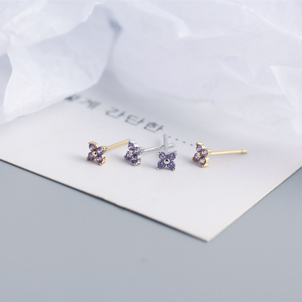 Simple Diamond-Set S925 Silver INS Four-Leaf Clover Stud Earrings Sweet Mini Colorful Flower Earrings - Image 9