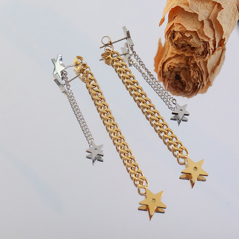 Long star tassel earrings Korean ins-style titanium steel 18k PVD gold plated lightweight elegant jewelry for women - Image 2