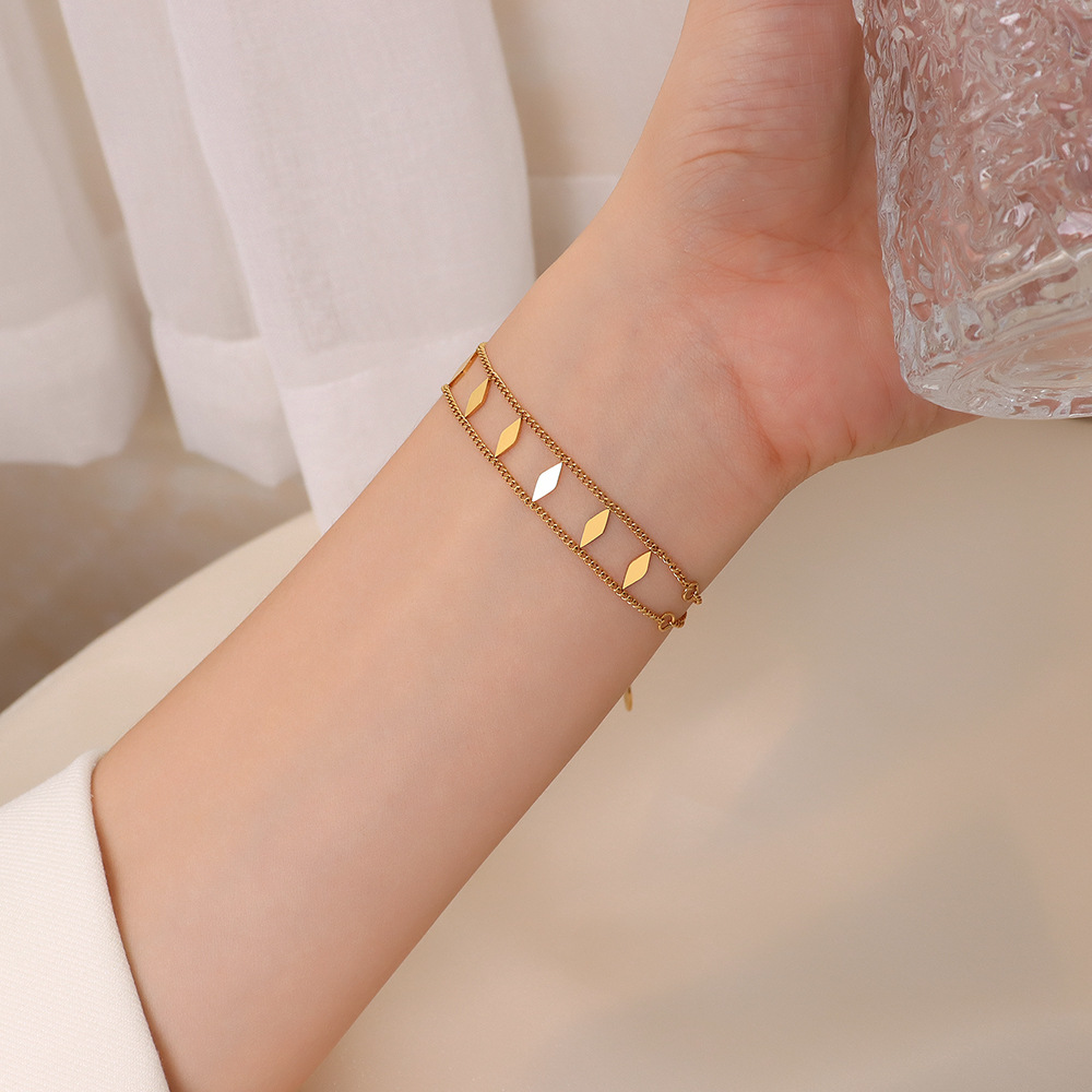 French Style Double-Layer Geometric Rhombus Bracelet 18K PVD Gold Plated Titanium Steel Jewelry - Image 2