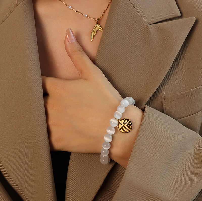 New Chinese Ins Geometric Fortune Character Cat Eye Titanium Steel 18K PVD Gold Plated Bracelet - Image 5