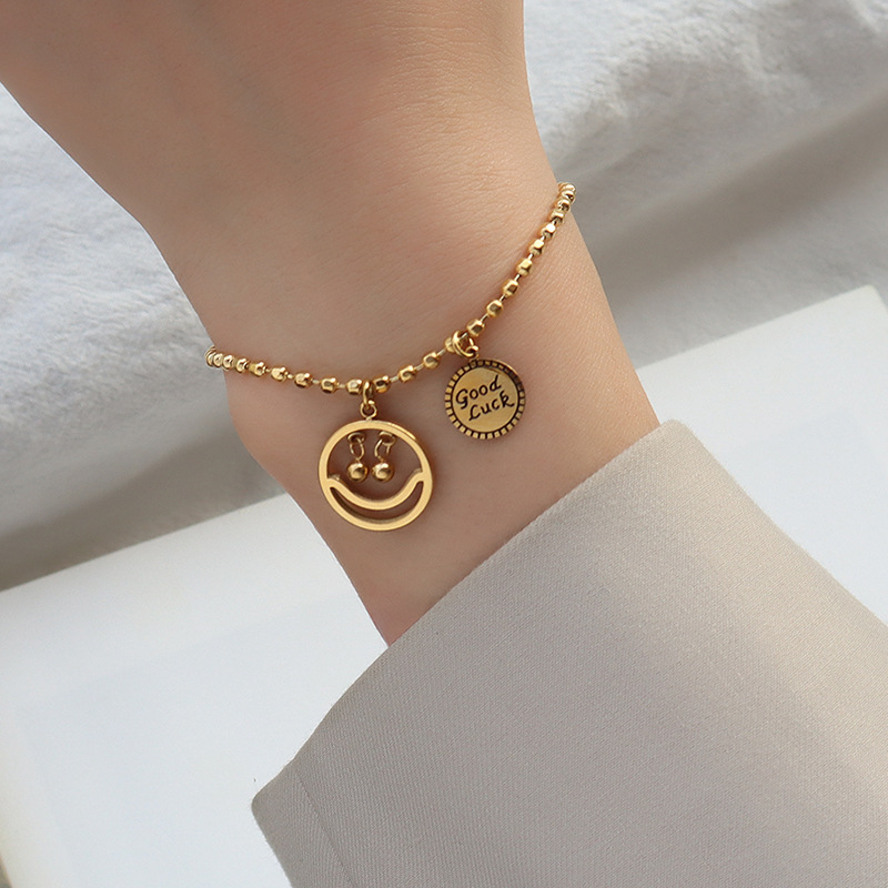 European Hip-Hop Smile Face Pearl Good Luck Bracelet Ins Style Titanium Steel - Image 2